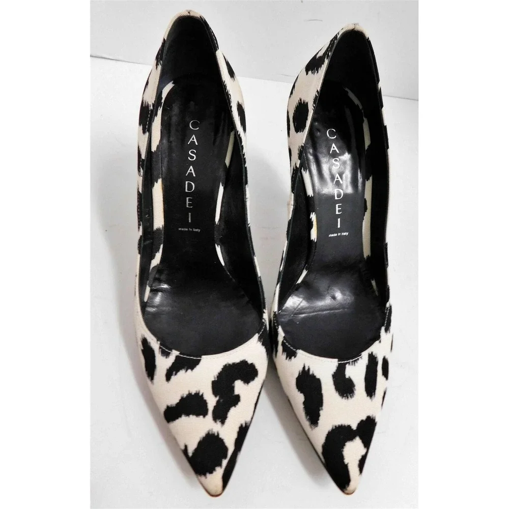 Casadei Black White Animal Print Canvas High Heel Pumps Italy 6 M‎